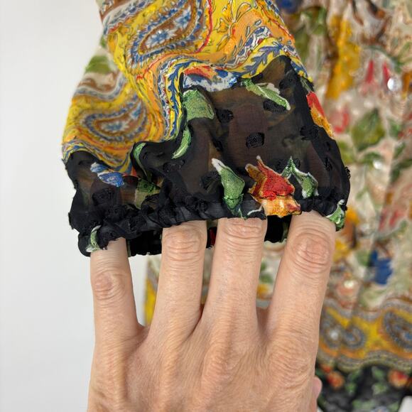 Fig and Flower Boho Paisley Blouse 3/4 sleeve swiss dot button front semi sheer - Picture 8 of 11